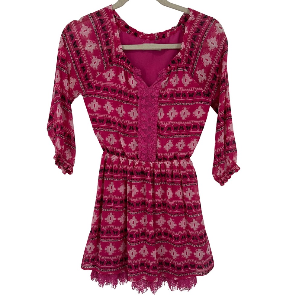 Abercrombie Kids Dress Size 11/12 Pink Geometric Print Sheer Overlay 3/4 Sleeve